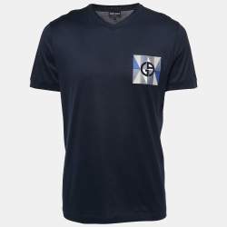 Pre Owned Giorgio Armani Navy Blue Cotton Logo Patch Detail T-Shirt 2XL