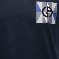 Pre Owned Giorgio Armani Navy Blue Cotton Logo Patch Detail T-Shirt 2XL