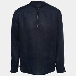 Giorgio Armani Navy Blue Linen Zip Front Full Sleeve Shirt M