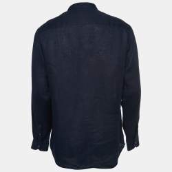 Giorgio Armani Navy Blue Linen Zip Front Full Sleeve Shirt M