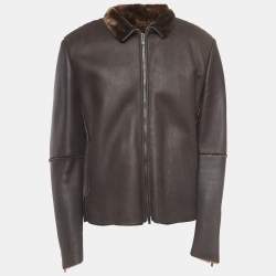Giorgio Armani Brown Leather and Fur Zipper Jacket XXL