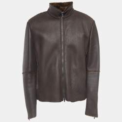 Giorgio Armani Brown Leather and Fur Zipper Jacket XXL