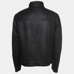Giorgio Armani Black Leather and Fur Zipper Jacket XL