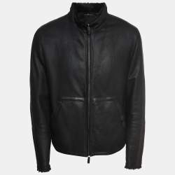 Giorgio Armani Black Leather and Fur Zipper Jacket XL