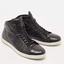 Giorgio Armani Black Croc Embossed Leather Lace Up Sneakers Size 43