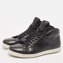 Giorgio Armani Black Croc Embossed Leather Lace Up Sneakers Size 43