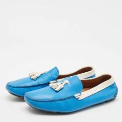 Giorgio Armani Blue/White Leather Slip On Loafers Size 41.5