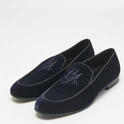 Pre Owned Giorgio Armani Navy Blue Velvet Embroidered Logo Slip On Loafers Size 43      