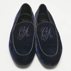 Pre Owned Giorgio Armani Navy Blue Velvet Embroidered Logo Slip On Loafers Size 43      