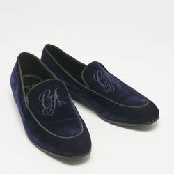 Pre Owned Giorgio Armani Navy Blue Velvet Embroidered Logo Slip On Loafers Size 43      