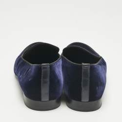 Pre Owned Giorgio Armani Navy Blue Velvet Embroidered Logo Slip On Loafers Size 43      