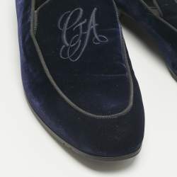 Pre Owned Giorgio Armani Navy Blue Velvet Embroidered Logo Slip On Loafers Size 43      