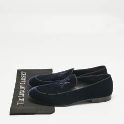 Pre Owned Giorgio Armani Navy Blue Velvet Embroidered Logo Slip On Loafers Size 43      
