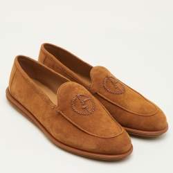 Pre Owned Giorgio Armani Embroidered Logo Size 41 Brown Suede Slip On Loafers