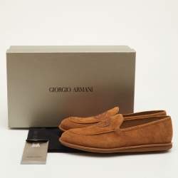 Pre Owned Giorgio Armani Embroidered Logo Size 41 Brown Suede Slip On Loafers