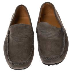 Emporio Armani Grey Suede Logo Embossed Slip On Loafers Size 43