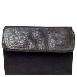 Giorgio Armani Dark Green Crocodile Embossed Leather Fold Over Document Case