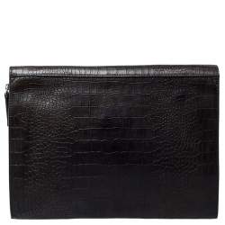 Giorgio Armani Dark Green Crocodile Embossed Leather Fold Over Document Case