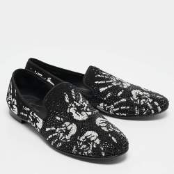 Giuseppe Zanotti Black/White Hand Print Suede Crystal Embellished Smoking Slippers Size 41.5