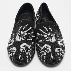 Giuseppe Zanotti Black/White Hand Print Suede Crystal Embellished Smoking Slippers Size 41.5