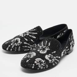 Giuseppe Zanotti Black/White Hand Print Suede Crystal Embellished Smoking Slippers Size 41.5