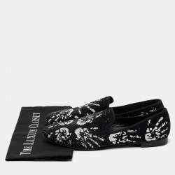 Giuseppe Zanotti Black/White Hand Print Suede Crystal Embellished Smoking Slippers Size 41.5