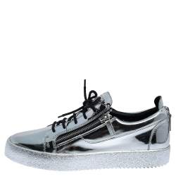 Pre Owned Giuseppe Zanotti Silver Patent Leather Double Zip Low Top Platform Sneakers Size 45