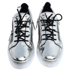 Pre Owned Giuseppe Zanotti Silver Patent Leather Double Zip Low Top Platform Sneakers Size 45