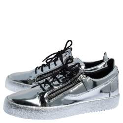 Pre Owned Giuseppe Zanotti Silver Patent Leather Double Zip Low Top Platform Sneakers Size 45