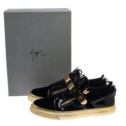 Pre Owned Giuseppe Zanotti Black/Gold Velvet and Leather Coby High Top Sneakers
