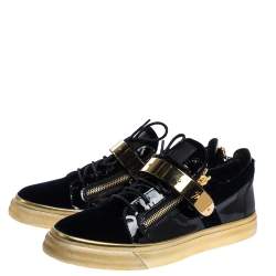 Pre Owned Giuseppe Zanotti Black/Gold Velvet and Leather Coby High Top Sneakers