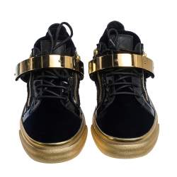 Pre Owned Giuseppe Zanotti Black/Gold Velvet and Leather Coby High Top Sneakers