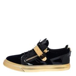 Pre Owned Giuseppe Zanotti Black/Gold Velvet and Leather Coby High Top Sneakers