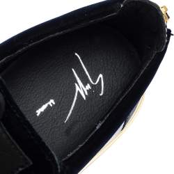 Pre Owned Giuseppe Zanotti Black/Gold Velvet and Leather Coby High Top Sneakers