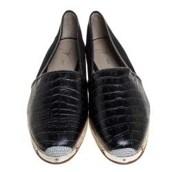 Giuseppe Zanotti Black Croc Embossed Leather and Suede Espadrille Flats Size 45