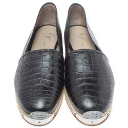 Pre Owned Giuseppe Zanotti Black Croc Embossed Leather Espadrille Slip On Loafers Size 45