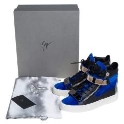Pre Owned Giuseppe Zanotti Blue/Black Velvet And Leather Coby High Top Sneakers Size 40
