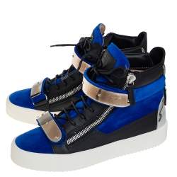 Pre Owned Giuseppe Zanotti Blue/Black Velvet And Leather Coby High Top Sneakers Size 40