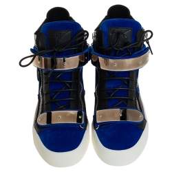 Pre Owned Giuseppe Zanotti Blue/Black Velvet And Leather Coby High Top Sneakers Size 40