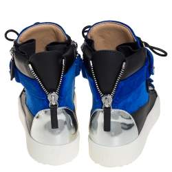 Pre Owned Giuseppe Zanotti Blue/Black Velvet And Leather Coby High Top Sneakers Size 40