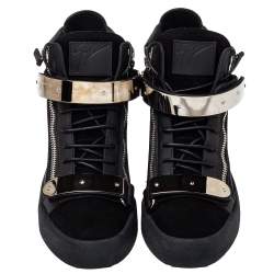 Pre Owned Giuseppe Zanotti Black Suede And Leather Coby Crystal Embellished High Top Sneakers Size 40