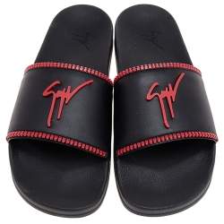 Giuseppe Zanotti Black/Red Brett Zip Leather Slides Size 45
