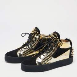 Giuseppe Zanotti Black/Gold Suede and Leather Studded Jimbo Mid Top Sneakers Size 40