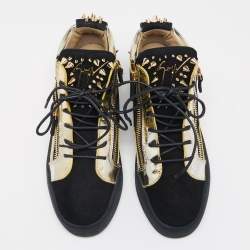 Giuseppe Zanotti Black/Gold Suede and Leather Studded Jimbo Mid Top Sneakers Size 40