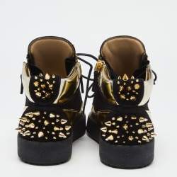 Giuseppe Zanotti Black/Gold Suede and Leather Studded Jimbo Mid Top Sneakers Size 40