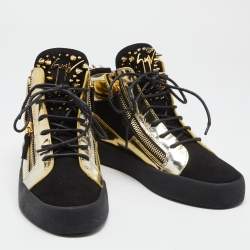 Giuseppe Zanotti Black/Gold Suede and Leather Studded Jimbo Mid Top Sneakers Size 40