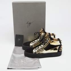 Giuseppe Zanotti Black/Gold Suede and Leather Studded Jimbo Mid Top Sneakers Size 40