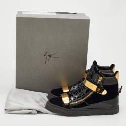 Pre Owned Giuseppe Zanotti Black/Navy Blue Leather And Velvet Double Coby High Top Sneakers Size 42