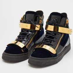Pre Owned Giuseppe Zanotti Black/Navy Blue Leather And Velvet Double Coby High Top Sneakers Size 42