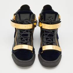 Pre Owned Giuseppe Zanotti Black/Navy Blue Leather And Velvet Double Coby High Top Sneakers Size 42